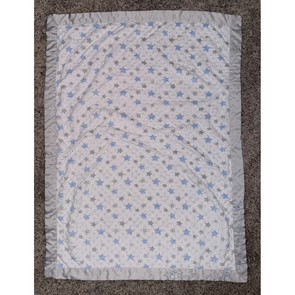 Just Born Baby Blanket Dream Big Little One Blue Gray Stars Minky Matte Satin